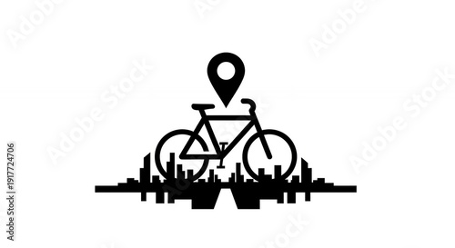 Modern city bike with location marker on urban skyline