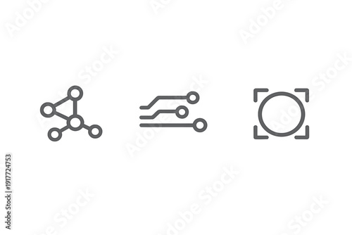 Three gray technical icons representing a network, a circuit board, and a scanning target are displayed horizontally on a black background with faint vertical dotted lines.