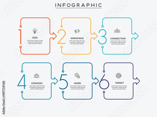 Linear 6 steps process diagram infographic with square frames and arrow pointers