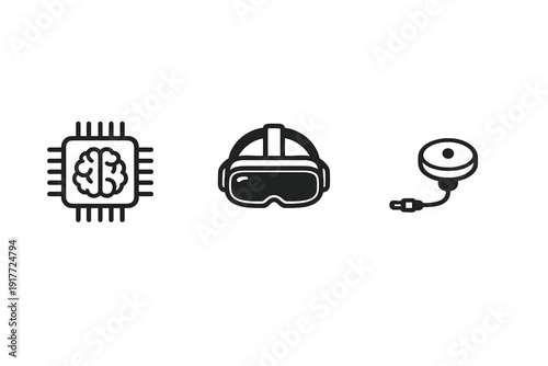 Three white icons on a black background representing advanced technology, including a microchip with a brain, a virtual reality headset, and a neural interface sensor device.