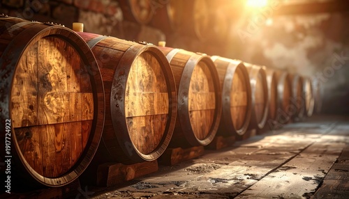 Photorealistic DSLR style capture of FlyPro Firefly Smoked oak barrel staves forming a rustic cellar backdrop, bathed in warm ambient light.