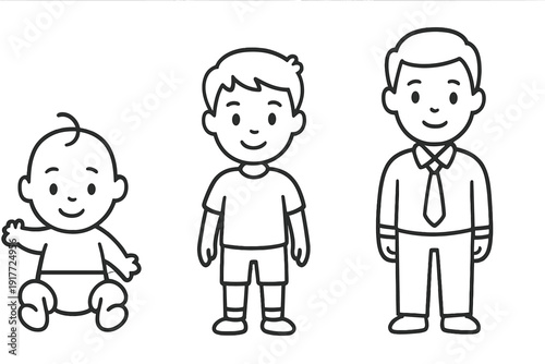 A black and white line drawing illustrates three stages of a male's life, featuring a baby in a diaper, a young boy in a t-shirt, and an adult man wearing a formal shirt and a necktie.