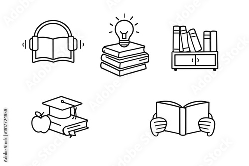 Five minimalist white line icons on a black background depicting themes of education and literature, such as reading, audiobooks, knowledge, and academic graduation symbols.