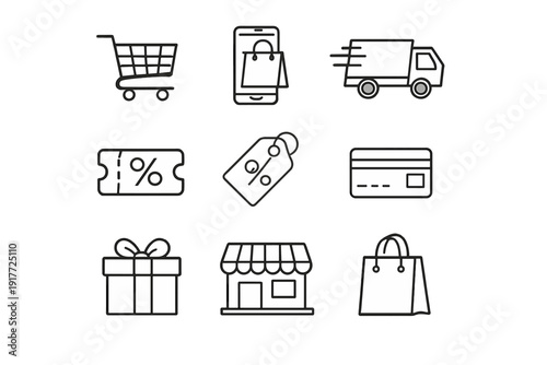 A collection of nine white line icons representing various e-commerce and shopping concepts, including a cart, truck, coupon, and gift box, set against a solid black background.