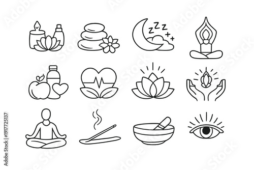 A collection of twelve white line icons on a black background representing wellness, yoga, and spa themes, including meditation, healthy food, sleep, and natural treatments.