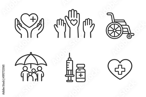 A collection of six black line icons representing healthcare and charity, including a heart with a plus sign, raised hands, a wheelchair, a family under an umbrella, and medical supplies.