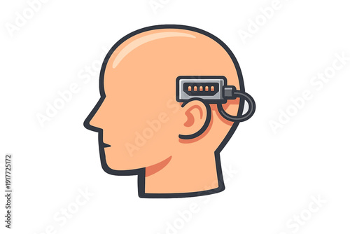 A flat illustration of a bald human head in profile with a digital port embedded in the skull. A cable is plugged into the port, representing a brain-computer interface concept.