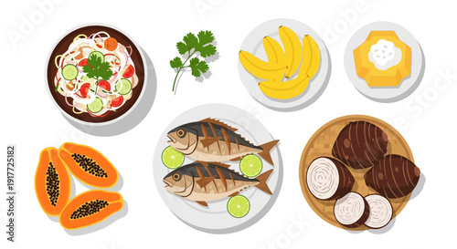 Delicious Assortment of Tropical Fruits and Freshly Grilled Fish Dishes