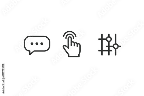 Three white line icons displayed on a black background featuring a communication chat bubble, a finger touch interaction symbol, and a geometric grid network graphic.
