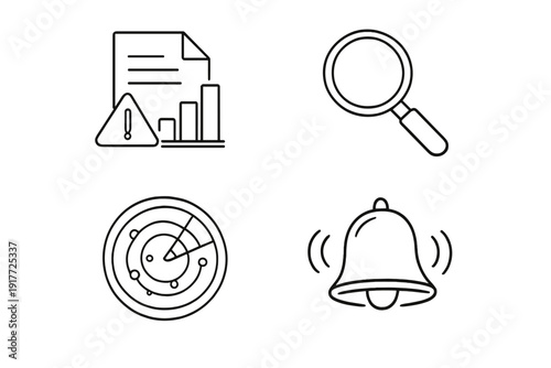 A set of four minimalist line icons featuring a document with a bar chart and warning sign, a magnifying glass, a radar screen, and a ringing bell on a black background.