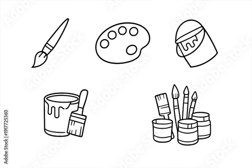 A collection of five minimalist white line art icons on a black background featuring various painting tools such as paintbrushes, a palette, paint cans, and jars for artistic projects.