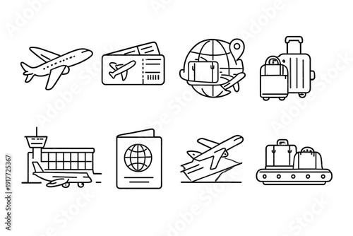 This set of eight minimalist white line icons on a black background features various travel elements like airplanes, suitcases, a passport, boarding tickets, and an airport terminal.