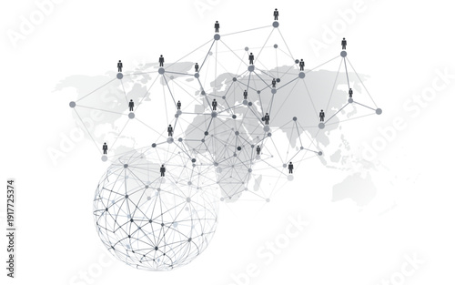 World Map, Connected People, Figures Representing Users or Partners, Nodes on a Polygonal Globe Mesh - Black and White Modern Minimal Style Network Structure, Web and Telecommunications Concept Design