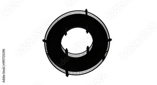 Silhouette of a circular classical balcony or gallery with ornate railings viewed from directly above
