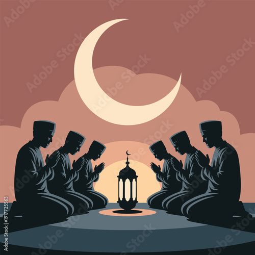 Men praying in a circle around a lantern under crescent moon