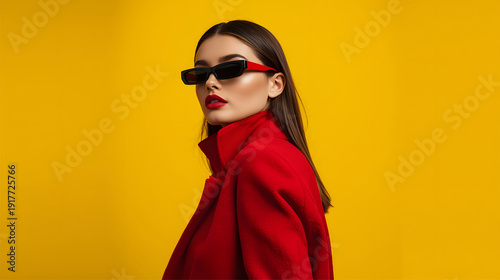 woman fashion model in red dress on yellow background
