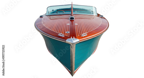 Schilderij op canvas Isolated runabout motorboat shows classic design with sleek lines, wooden hull a