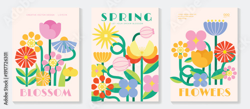Spring tulip and daisy flowers vector poster illustration with peach mint cream colors. Modern decorative design for greeting cards, wall art, covers, and seasonal templates.