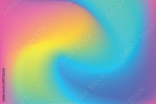 Vintage blue, yellow, pink blur gradient background, with smooth vortex swirl, neon glow, fluorescent abstract candy color liquid texture, wallpaper with copy space. Aesthetic fluid flowing wave