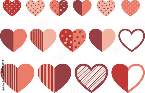 Red and pink heart shapes with romantic patterns for Valentine love themed design element collection