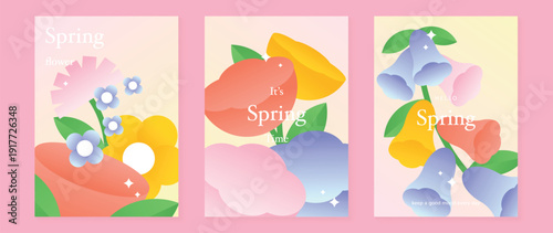 Spring tulip and poppy flowers vector poster illustration with pink orange lilac colors. Modern decorative design for greeting cards, wall art, covers, and seasonal templates.