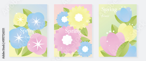 Spring daisy and camellia flowers vector poster illustration with pastel skyblue lemon colors. Modern decorative design for greeting cards, wall art, covers, and seasonal templates.