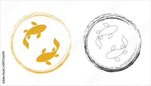 Koi Fish Circle Logo Design – Zen Japanese Style Brush Stroke Emblem with Gold and Outline Version