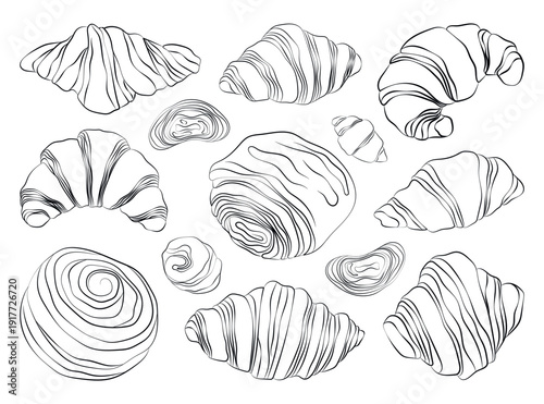 Line Art Croissant Pastries Vector Illustration Set. The image captures different shapes and designs, offering a creative and artistic perspective on pastries.