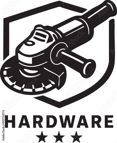 Angle grinder power tool logo with hardware text and stars