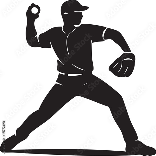 Baseball player throwing ball with glove on hand in action pose