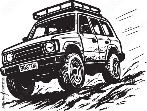 Black and white illustration of SUV car driving on rough terrain with roof rack