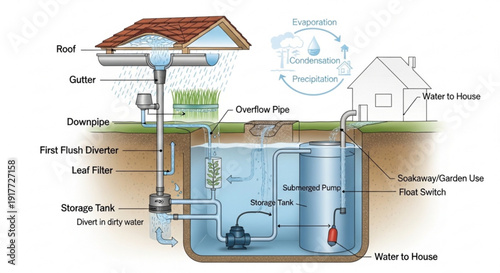 Rainwater harvesting system diagram with labeled components for water conservation and storage