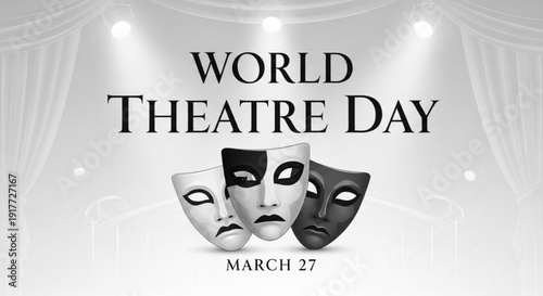 Theatrical masks for world theatre day on march 27 celebrating drama and performance with comedy and tragedy symbols
