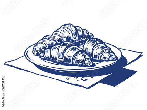Freshly baked croissants vector illustration. Delicious breakfast pastry on plate. Hand drawn bakery food art.