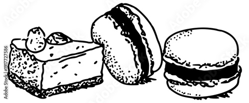 Desserts cheesecake macaron eclair sketch