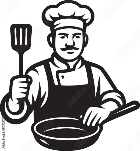 Illustration of a chef holding a frying pan and spatula