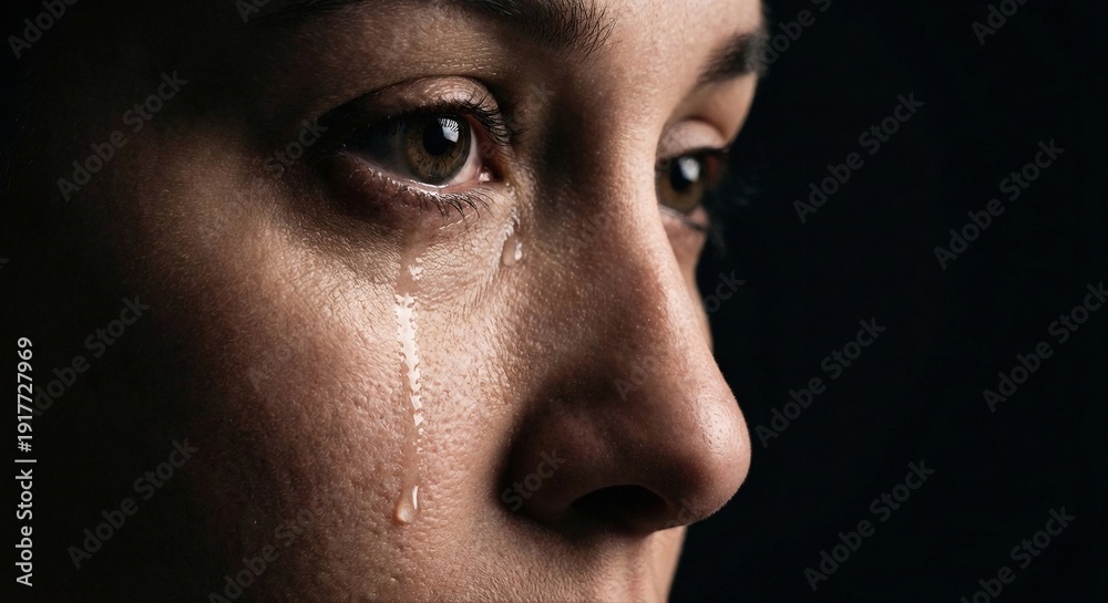 Fototapeta premium A woman's face glistens with tears as she gazes to the side in a somber mood captured in a close-up portrait view