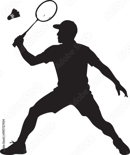 Man playing badminton with racket and shuttlecock in action pose on white background