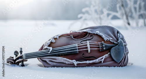 Frozen violin lies on snowy ground in a serene winter landscape viewed from the side