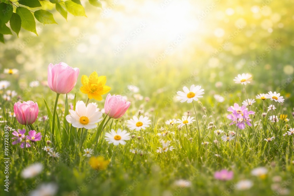 Fototapeta premium Vibrant flowers blooming in a lush green meadow under warm sunlight from a low angle viewpoint