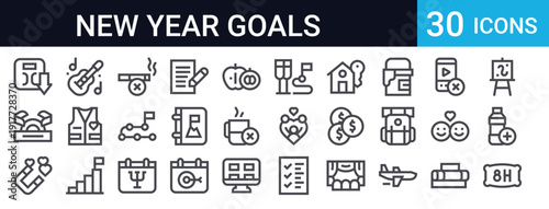30 thin line icons for personal goals and New Year resolutions. Includes health, travel, family, finance, lifestyle, and wellness topics. Perfect for apps and web.