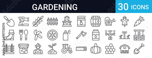 Collection of 30 thin line gardening and agriculture icons. Includes tools, vegetables, farm equipment, irrigation, and farming symbols. Perfect for web and app design.