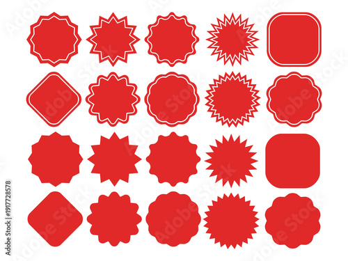 Red Sale Badge and Starburst Shape Bundle Vector Illustration, Modern Label Stickers Collection with Rounded Corners