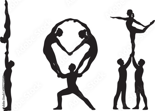 Set of people performing acrobatic gymnastic poses and stunts together in various formations