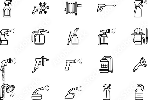 Spray Nozzle  Water Equipment Outline Vector Icons Set. Hose, Gun, Fire, Cleaning Tools