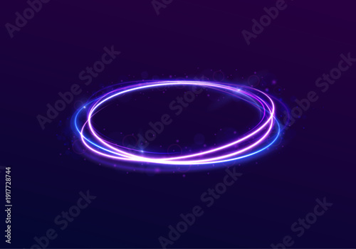 Violet and blue glowing spiral swirls with radiant particle trails. Light moves elegantly in circular patterns. Perfect for digital interface or cosmic backgrounds.