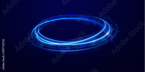 Blue neon ring glows with shimmering particles spinning in a circular motion. The light radiates soft energy. Futuristic interface design inspiration.