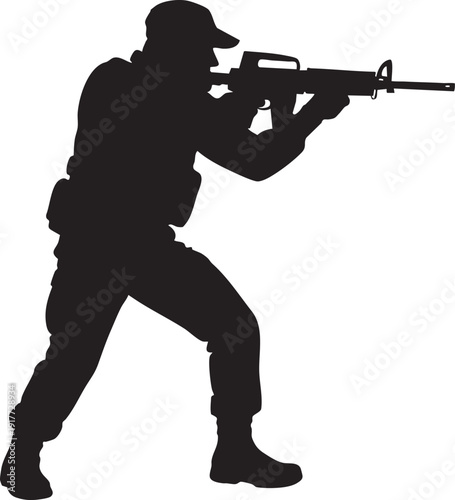 Silhouette of a soldier aiming a rifle in a combat stance position