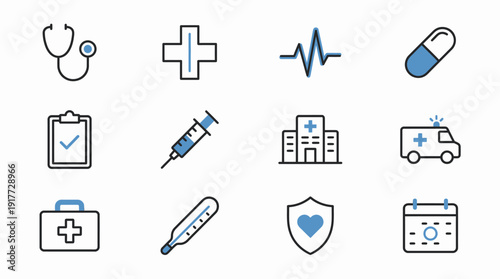 Medical icons collection illustrating healthcare and medicine with various symbols and tools in a clean and simple design
