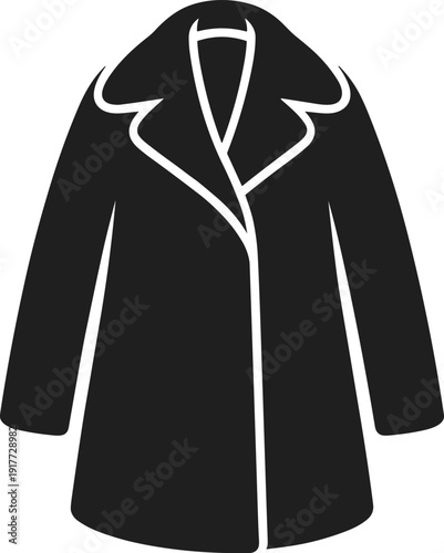 Winter coat icon vector illustration, long overcoat silhouette black fashion clothing symbol isolated on white background minimalist design